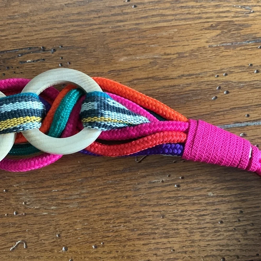 Prima Collezione Vintage Woven Fabric Wooden Rings Stretch Belt Multi-color Pink
